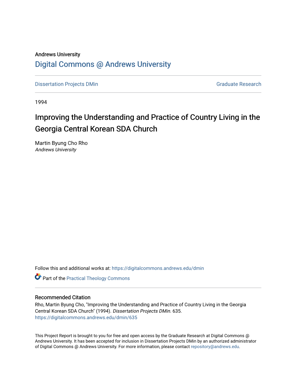 Improving the Understanding and Practice of Country Living in the Georgia Central Korean SDA Church