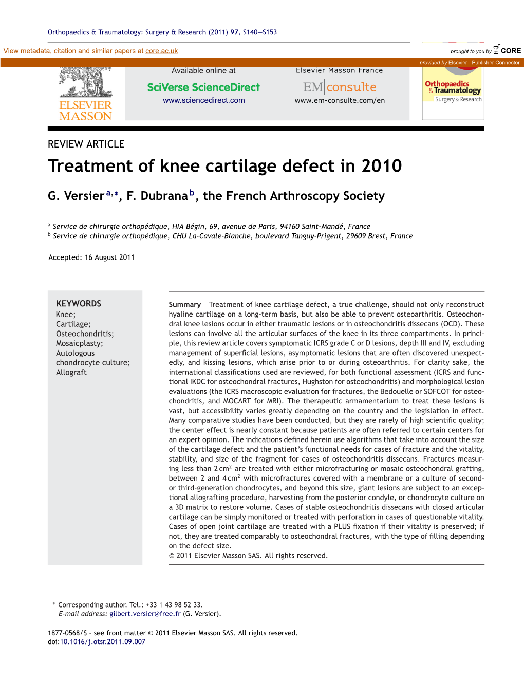 Treatment of Knee Cartilage Defect in 2010