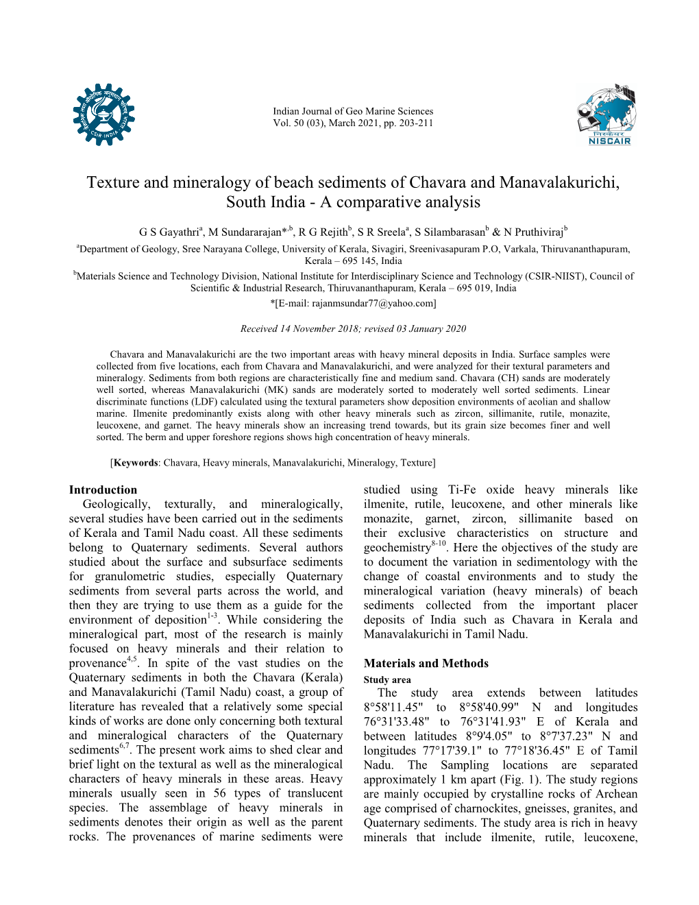 Texture and Mineralogy of Beach Sediments of Chavara and Manavalakurichi, South India - a Comparative Analysis