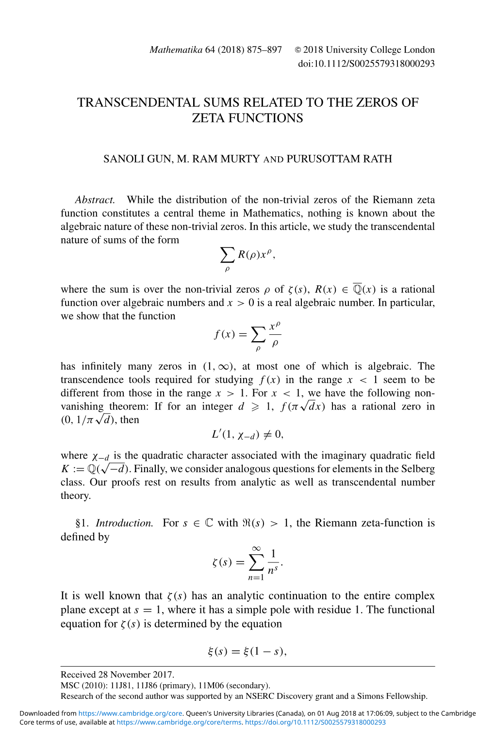 Transcendental Sums Related to the Zeros of Zeta Functions