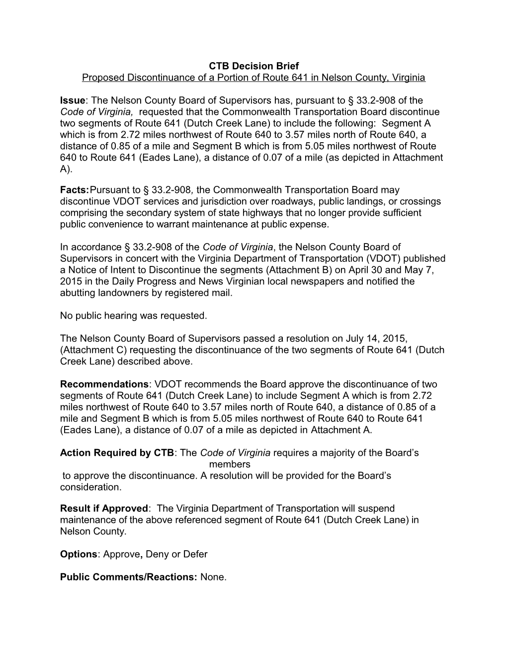 Proposed Discontinuance of a Portion of Route 641 in Nelson County, Virginia