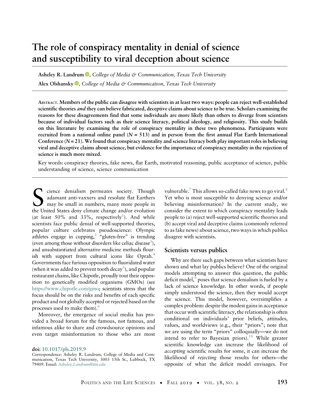 The Role of Conspiracy Mentality in Denial of Science and Susceptibility to Viral Deception About Science