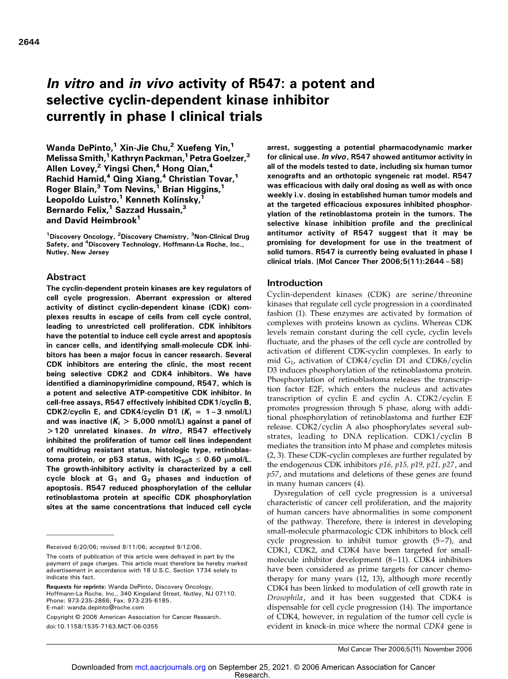 In Vitro and in Vivo Activity of R547: a Potent and Selective Cyclin-Dependent Kinase Inhibitor Currently in Phase I Clinical Trials