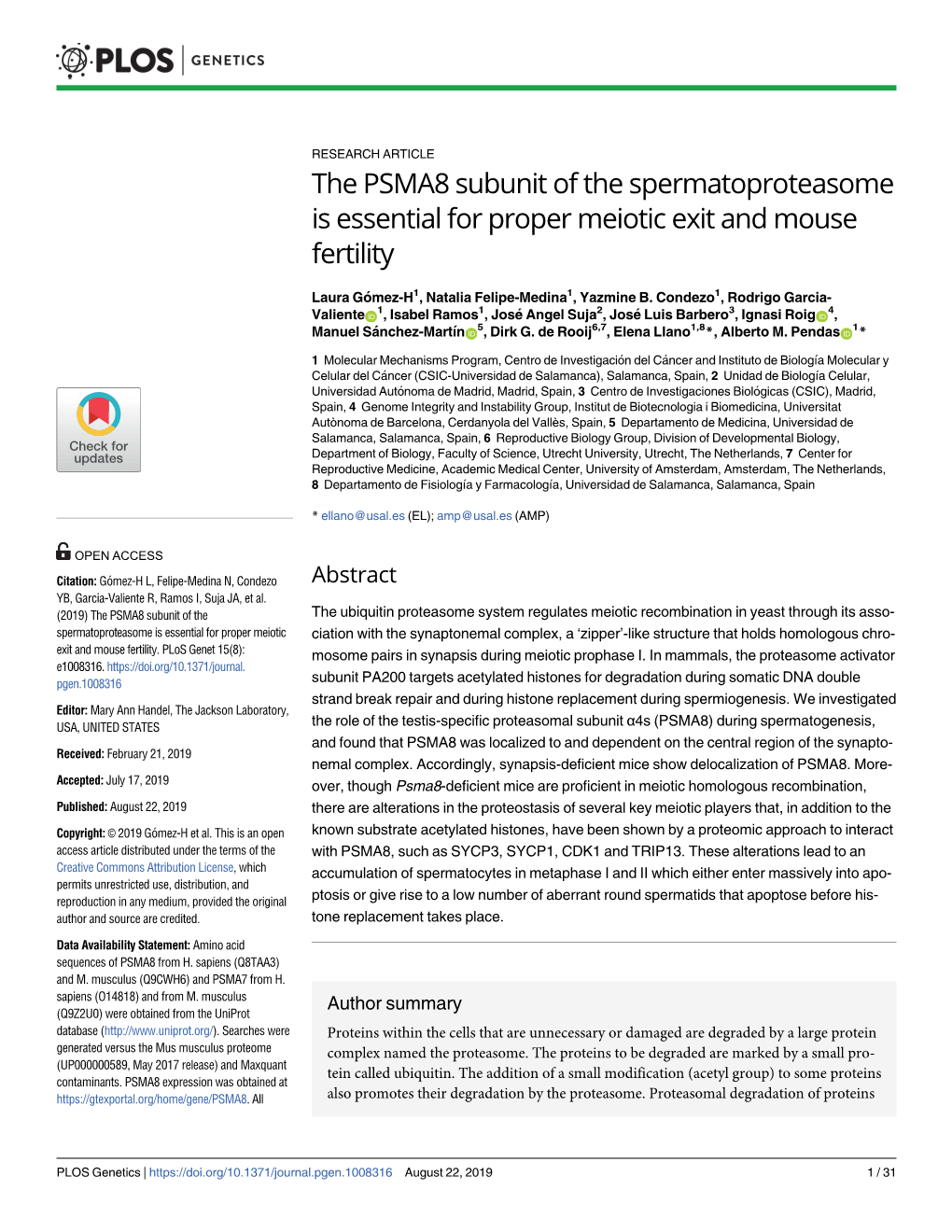 The PSMA8 Subunit of the Spermatoproteasome Is Essential for Proper Meiotic Exit and Mouse Fertility