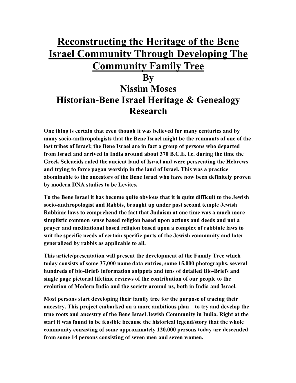 Reconstructing the Heritage of the Bene Israel Community Through