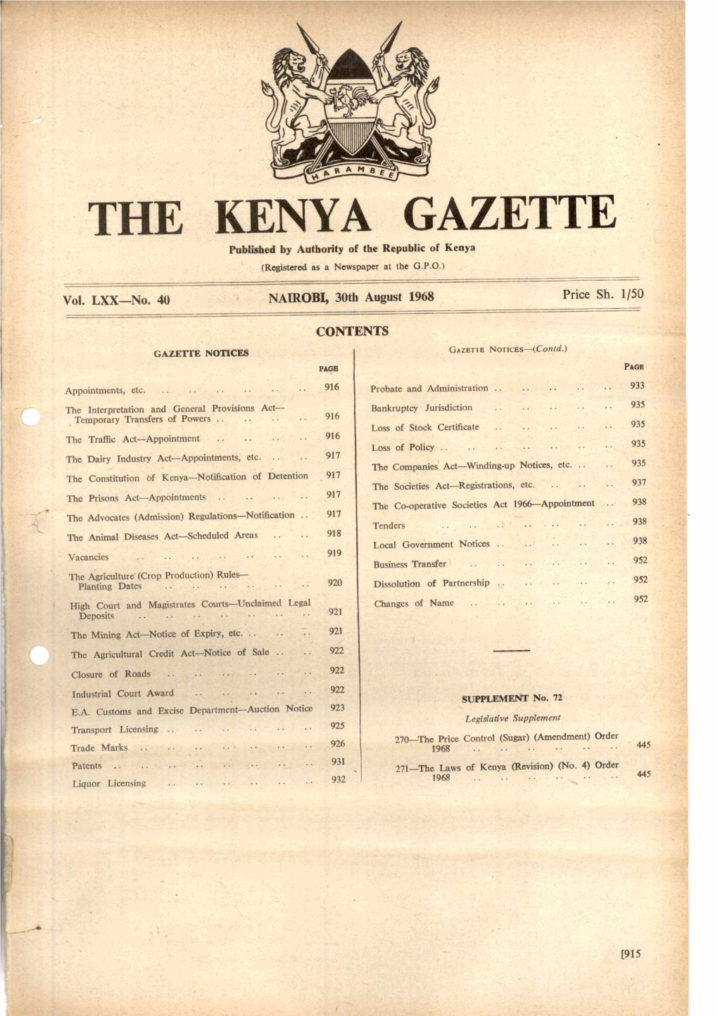 THE KENYA GAZETTE Published by Authority of the Republic of Kenya (Registered As a Newspaper at the G.P.O.)