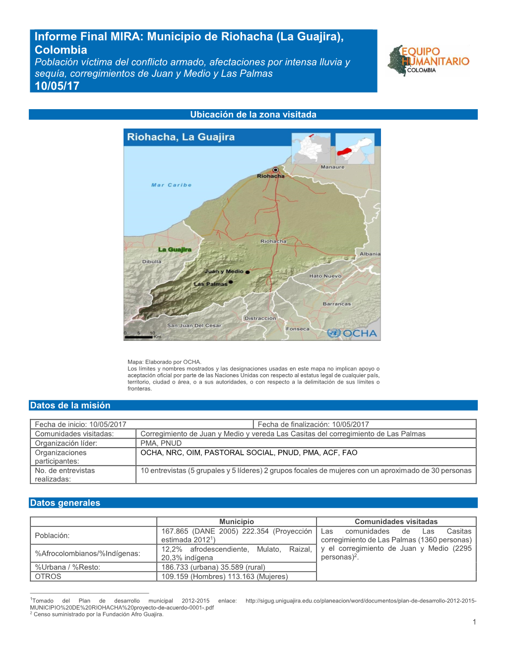 Informe Final MIRA: Municipio De Riohacha (La Guajira), Colombia 10/05/17