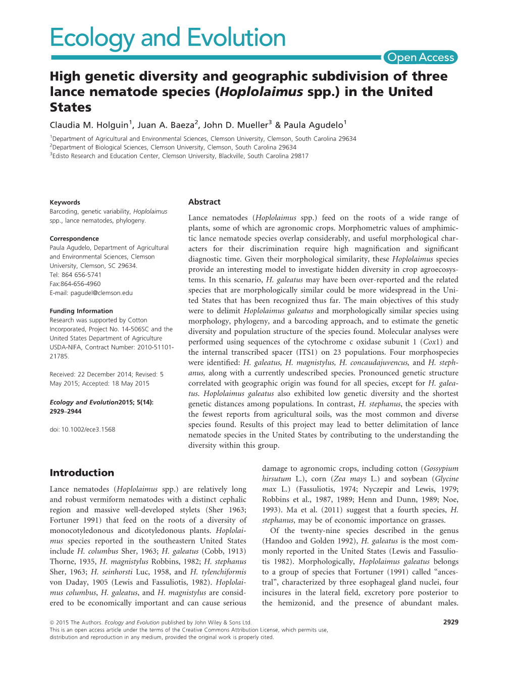 Hoplolaimus Spp.) in the United States Claudia M