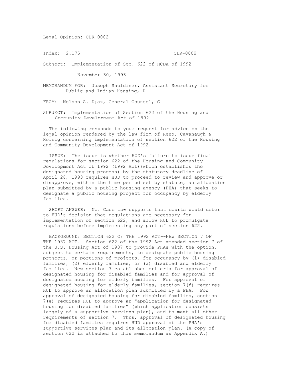 Subject: Implementation of Sec. 622 of HCDA of 1992
