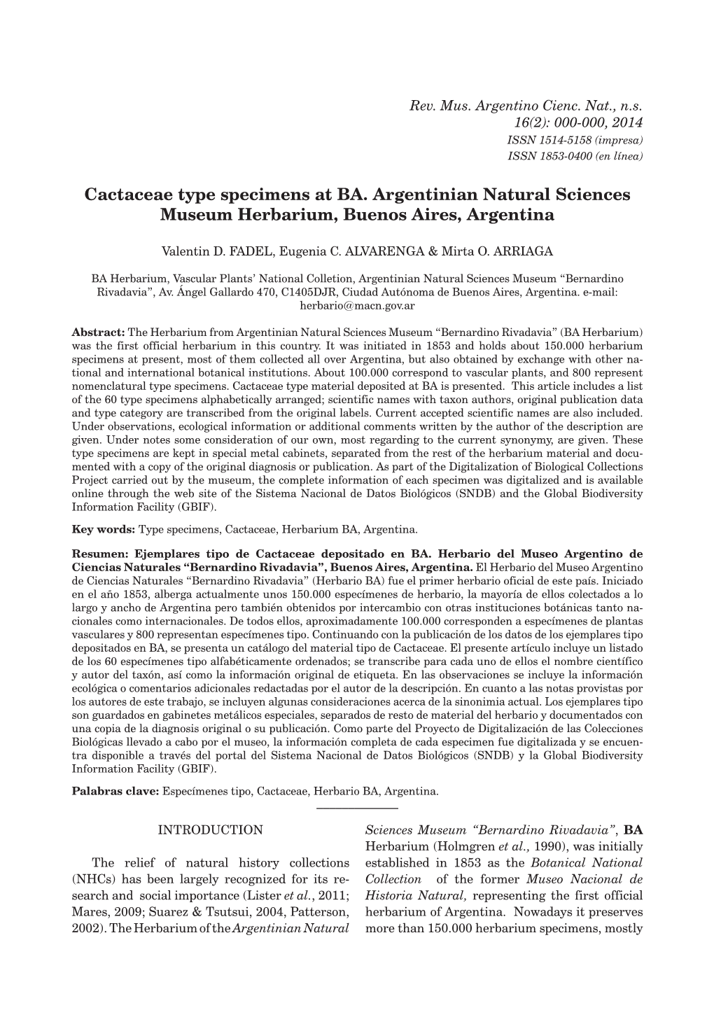 Cactaceae Type Specimens at BA. Argentinian Natural Sciences Museum Herbarium, Buenos Aires, Argentina