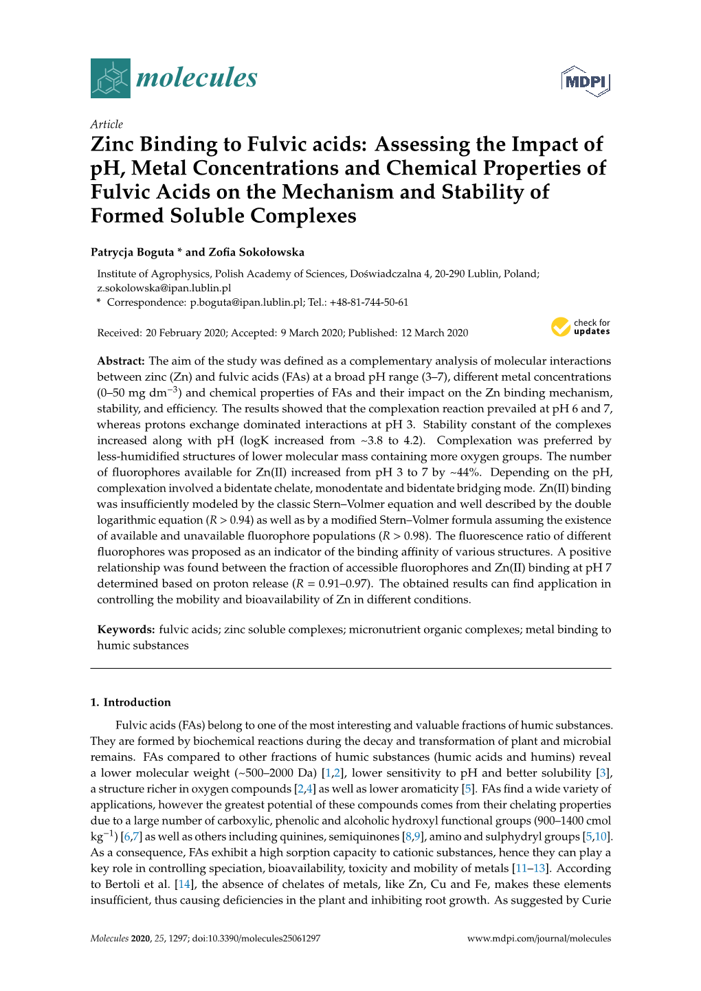 Zinc Binding to Fulvic Acids: Assessing the Impact of Ph, Metal