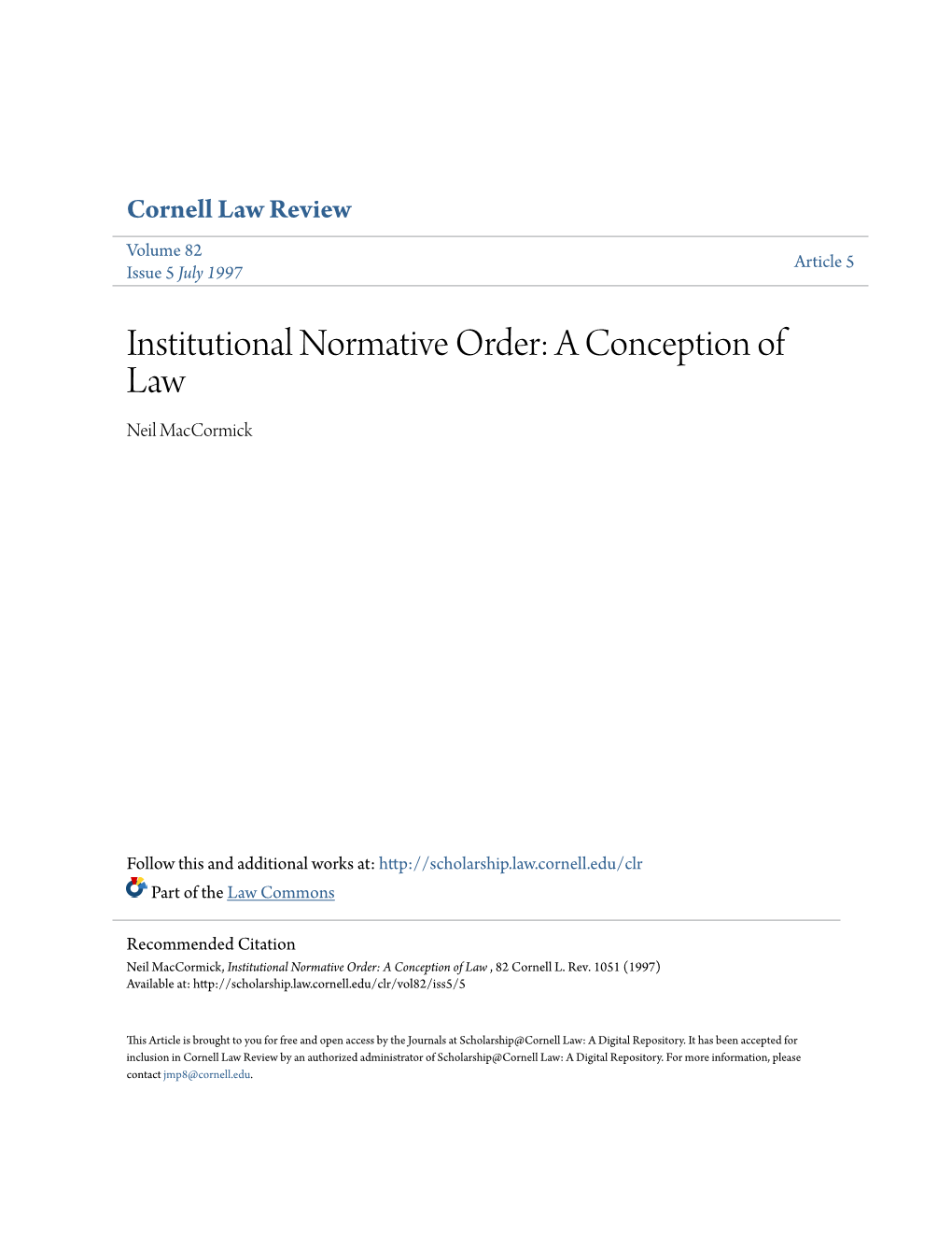 Institutional Normative Order: a Conception of Law Neil Maccormick