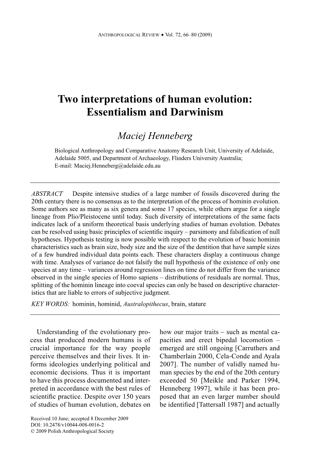 Two Interpretations of Human Evolution: Essentialism and Darwinism