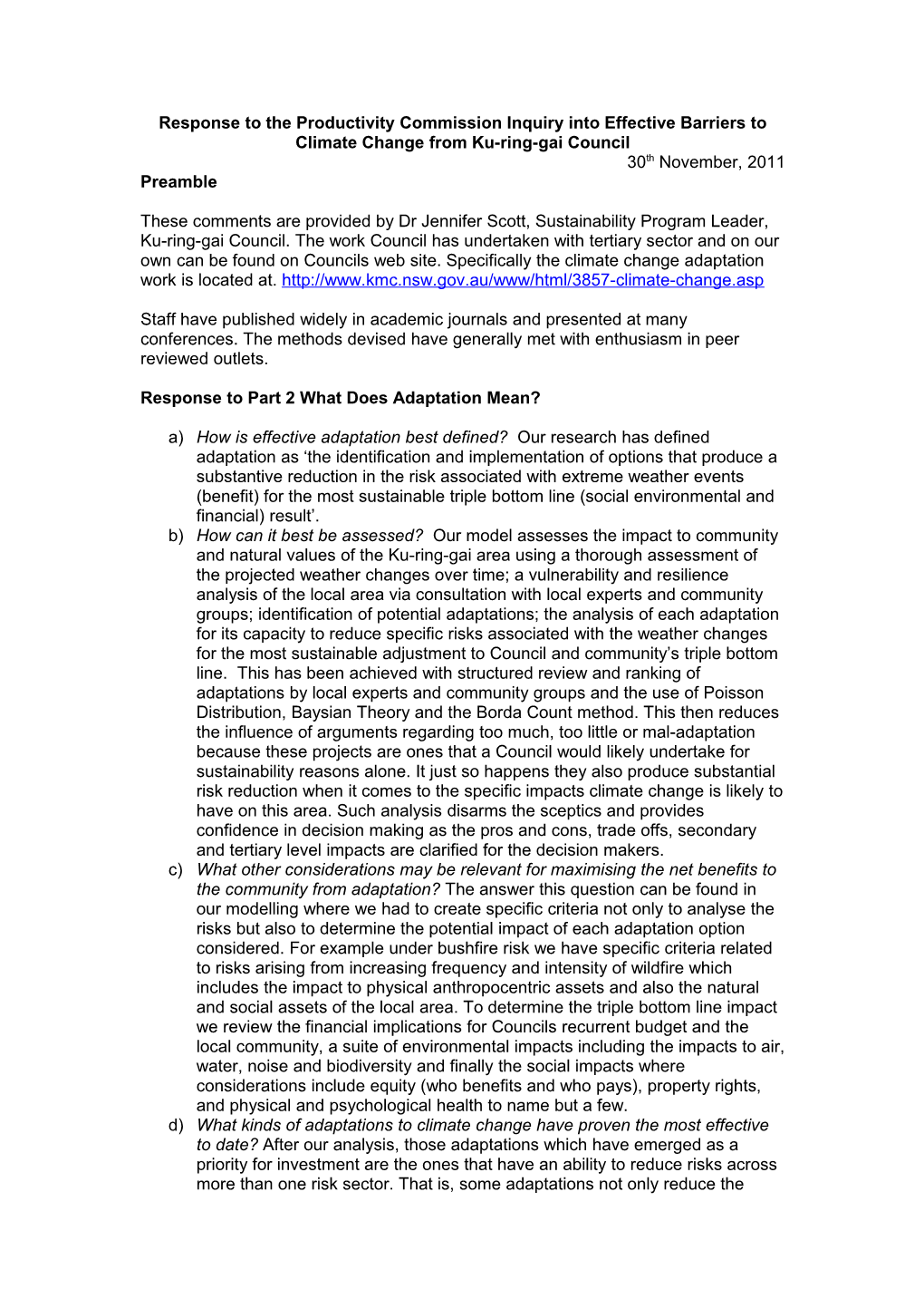 Submission 1 - Ku-Ring-Gai Council - Barriers to Effective Climate Change Adaptation