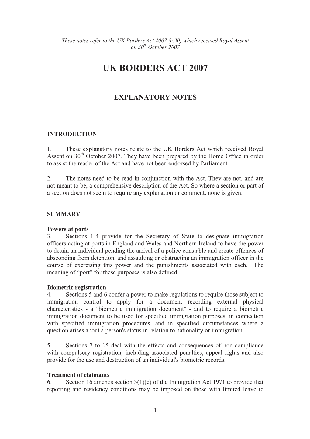 UK Borders Act 2007 (C.30) Which Received Royal Assent on 30Th October 2007