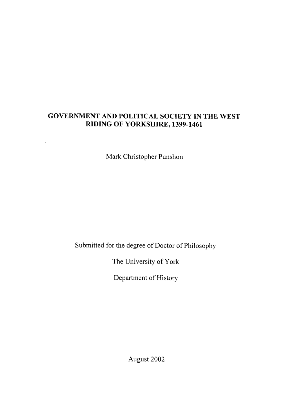 Government and Political Society in the West Riding of Yorkshire, 1399-1461