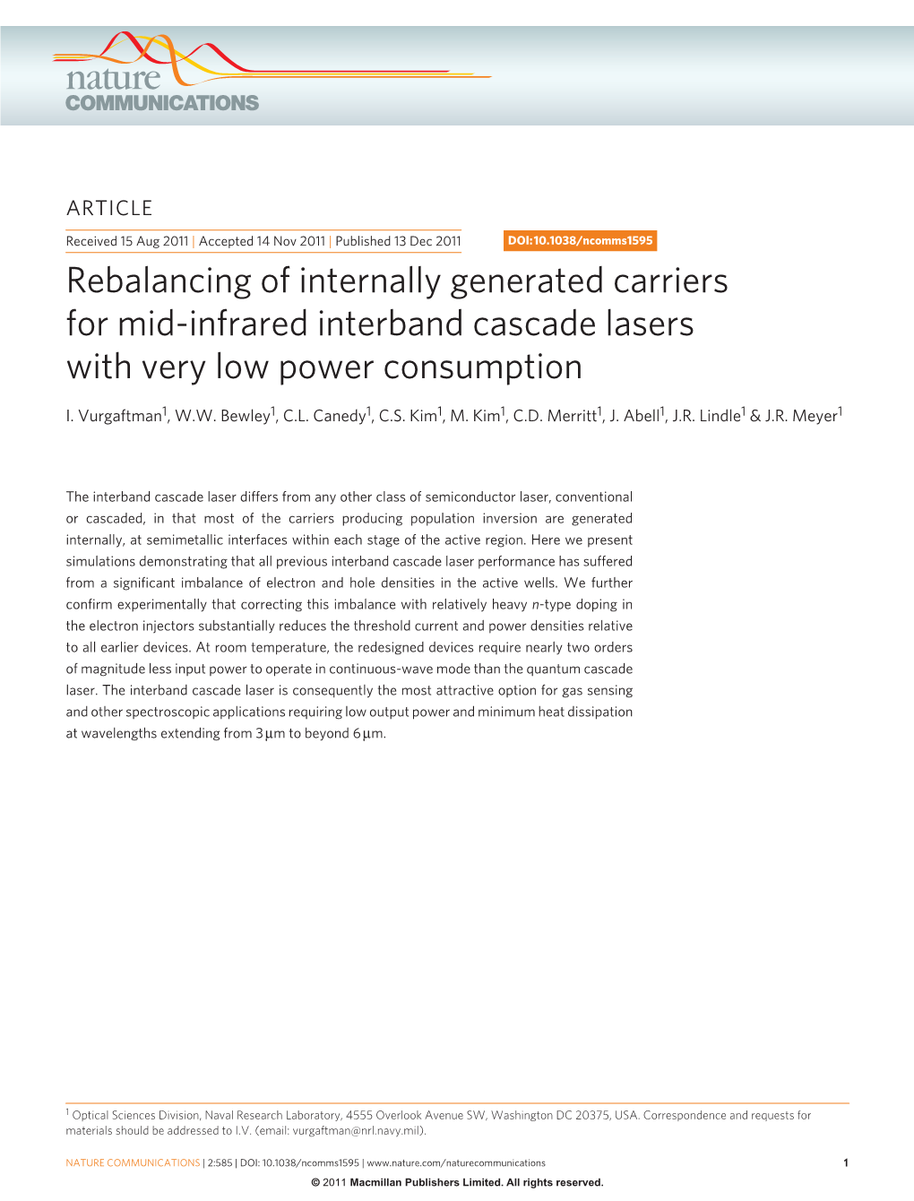 Rebalancing of Internally Generated Carriers for Mid-Infrared Interband Cascade Lasers with Very Low Power Consumption