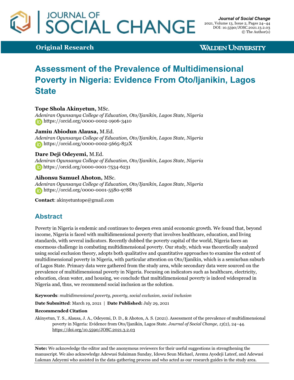 Assessment of the Prevalence of Multidimensional Poverty in Nigeria: Evidence from Oto/Ijanikin, Lagos State