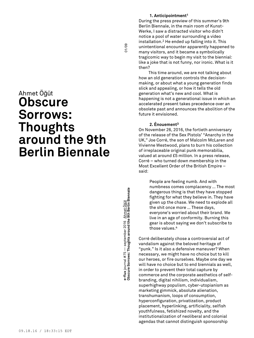 Obscure Sorrows: Thoughts Around the 9Th Berlin Biennale