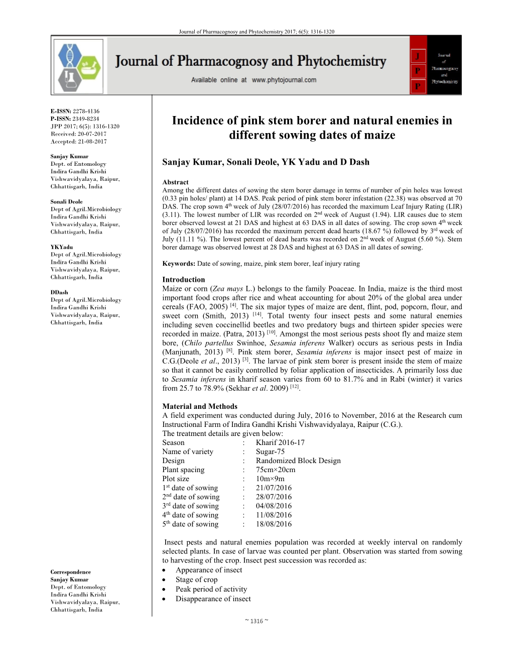 Incidence of Pink Stem Borer and Natural Enemies in Different Sowing