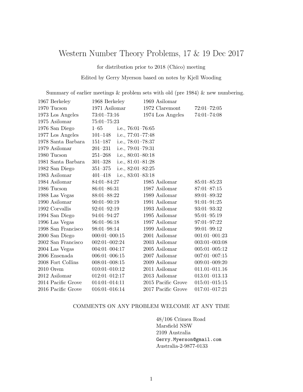 Western Number Theory Problems, 17 & 19 Dec 2017