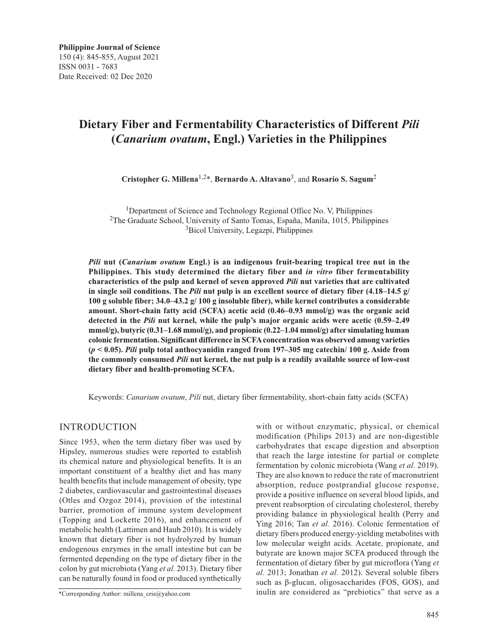 Dietary Fiber and Fermentability Characteristics of Different Pili (Canarium Ovatum, Engl.) Varieties in the Philippines