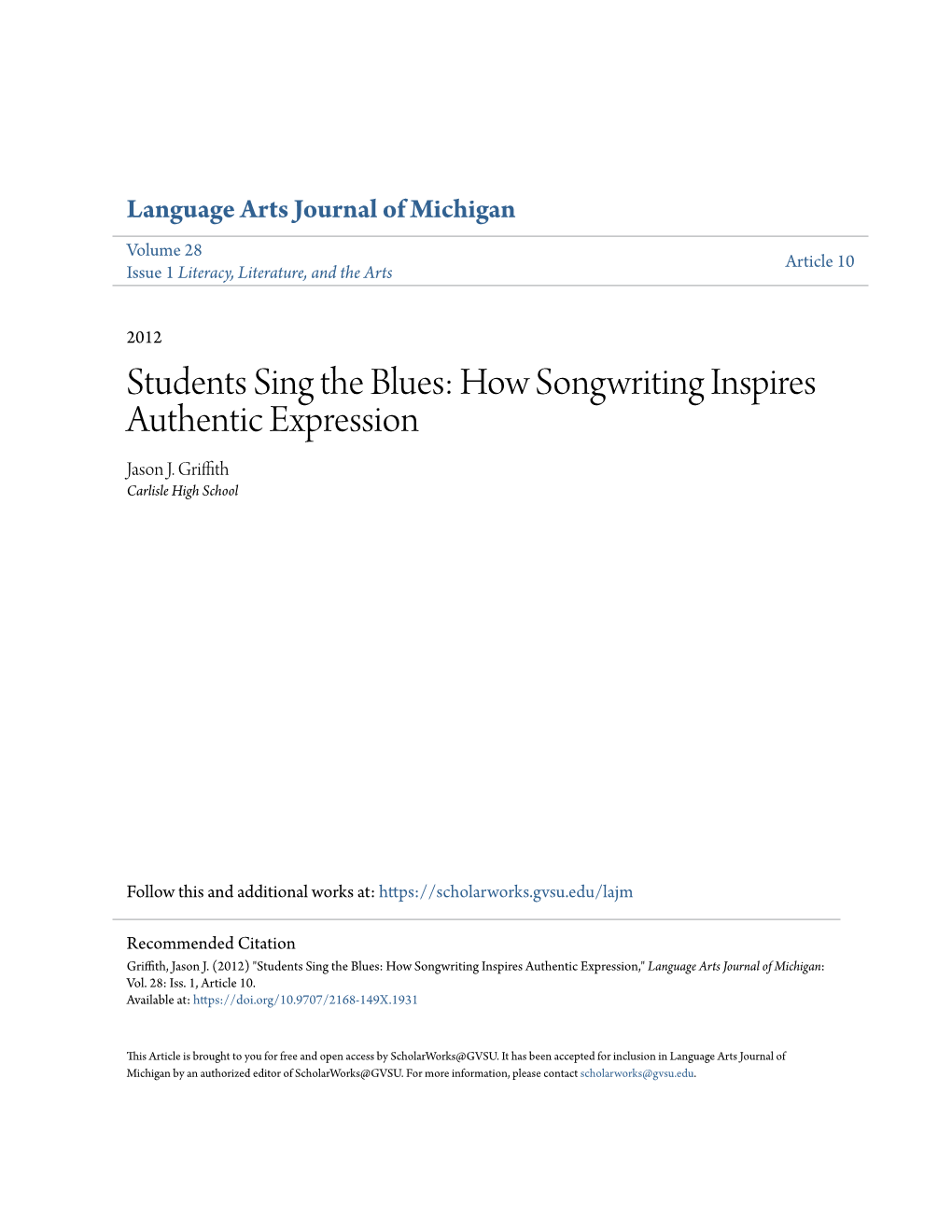 Students Sing the Blues: How Songwriting Inspires Authentic Expression Jason J