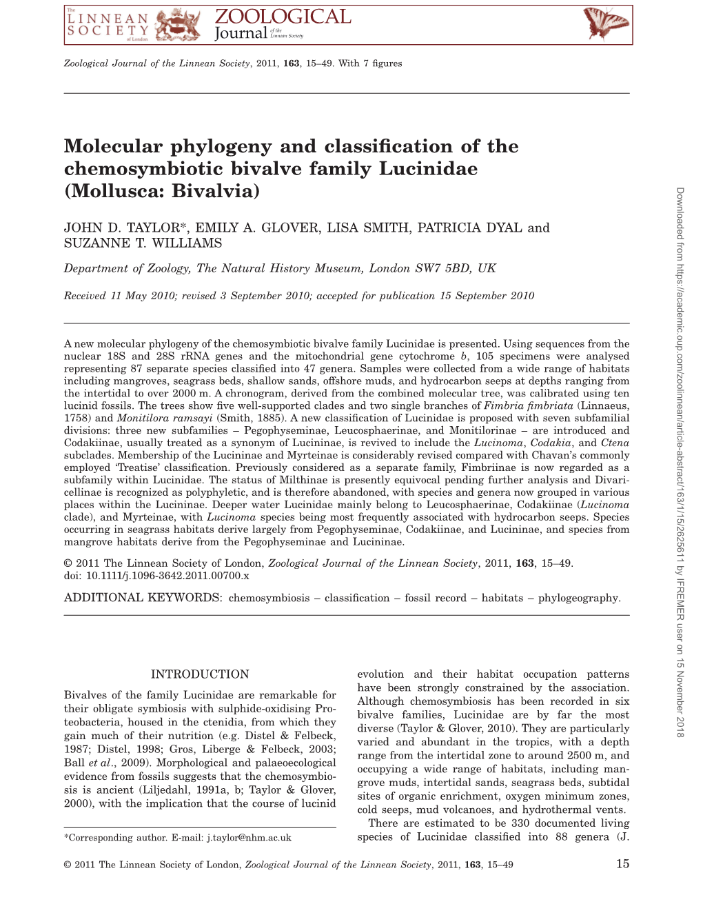 Molecular Phylogeny and Classification of the Chemosymbiotic Bivalve Family Lucinidae (Mollusca: Bivalvia)Zoj 700 15..49