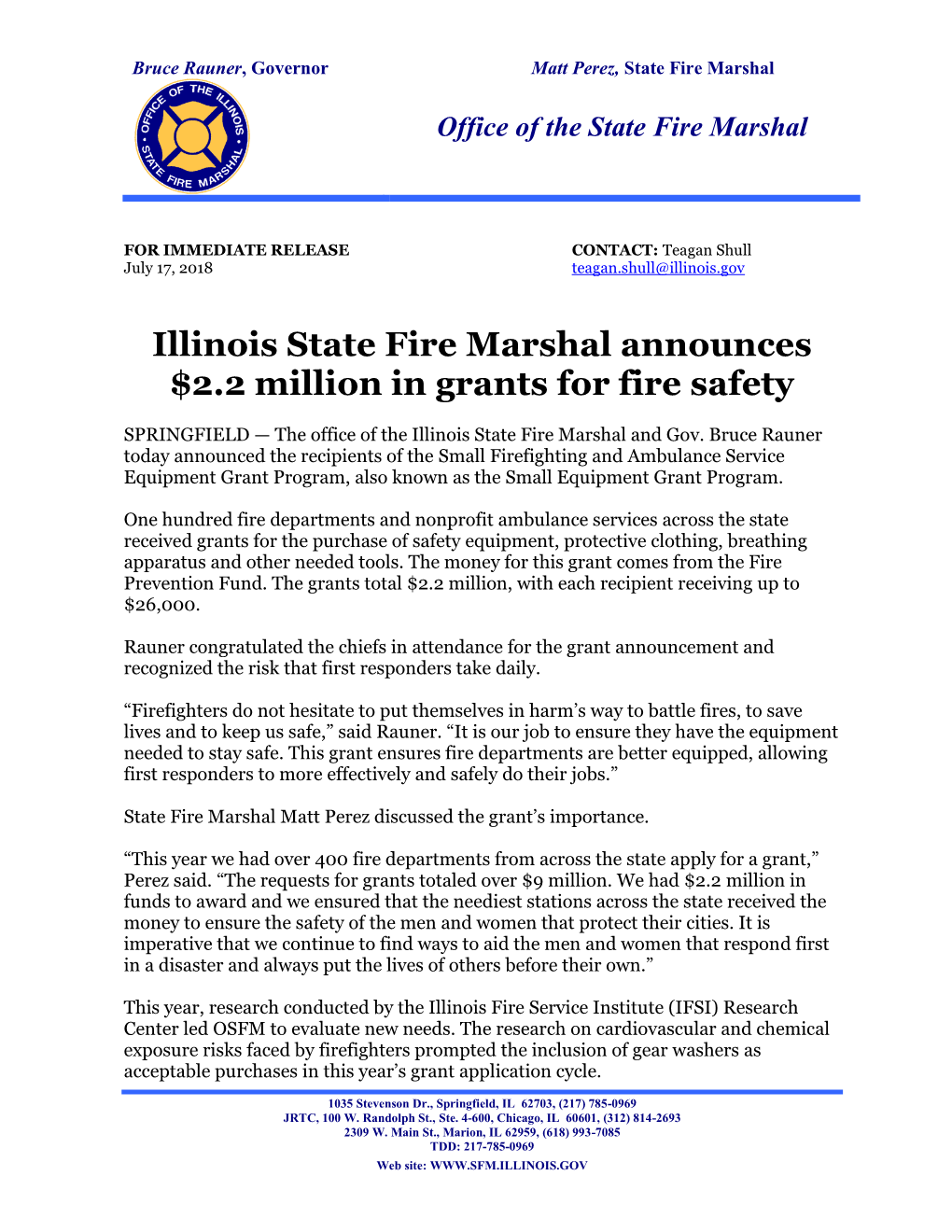 Illinois State Fire Marshal Announces $2.2 Million in Grants for Fire Safety