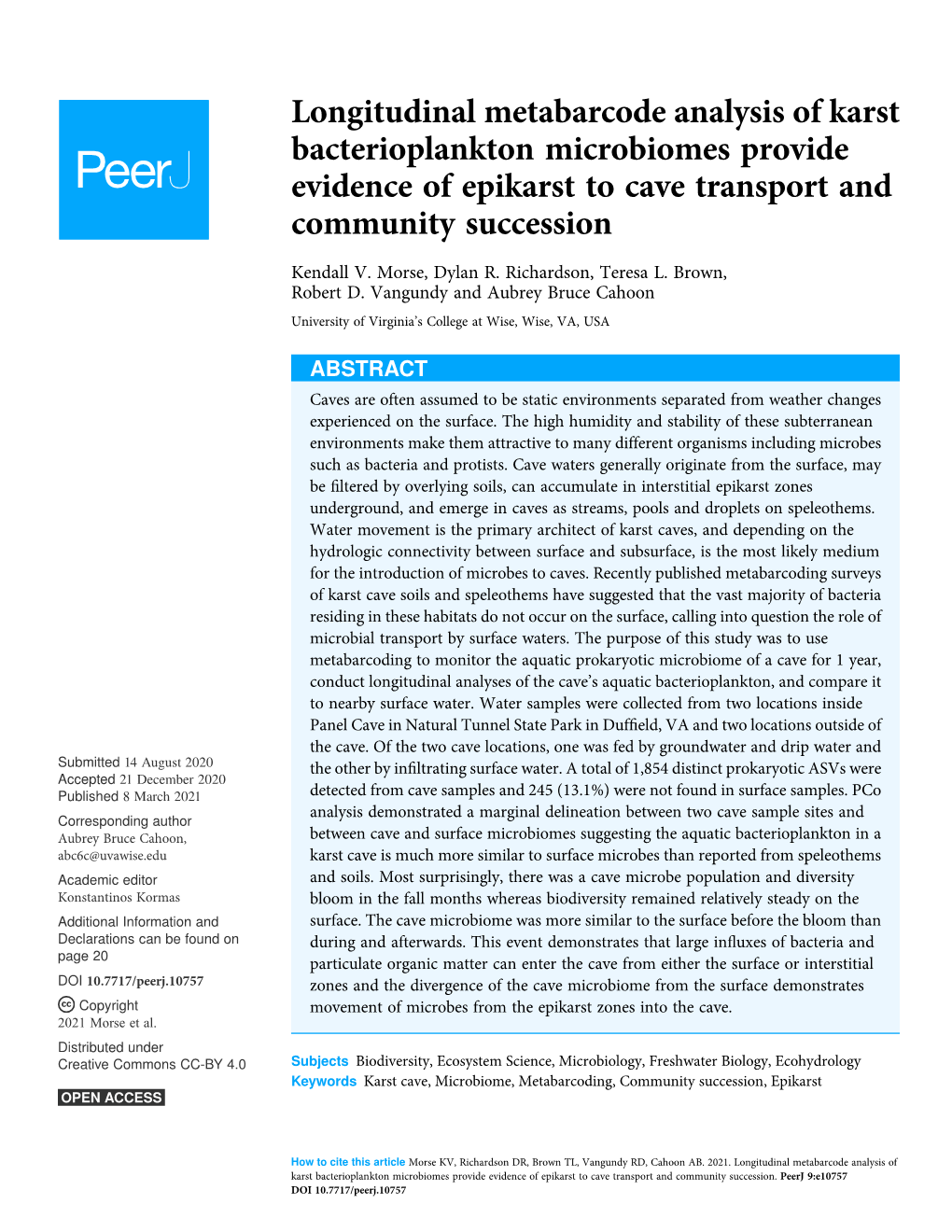 Longitudinal Metabarcode Analysis of Karst Bacterioplankton Microbiomes Provide Evidence of Epikarst to Cave Transport and Community Succession