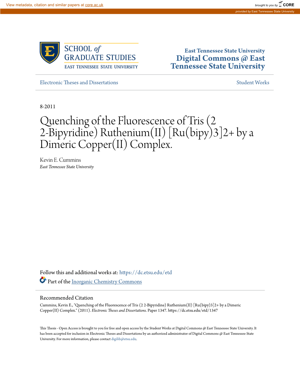 Quenching of the Fluorescence of Tris (2 2-Bipyridine) Ruthenium(II) [Ru(Bipy)3]2+ by a Dimeric Copper(II) Complex