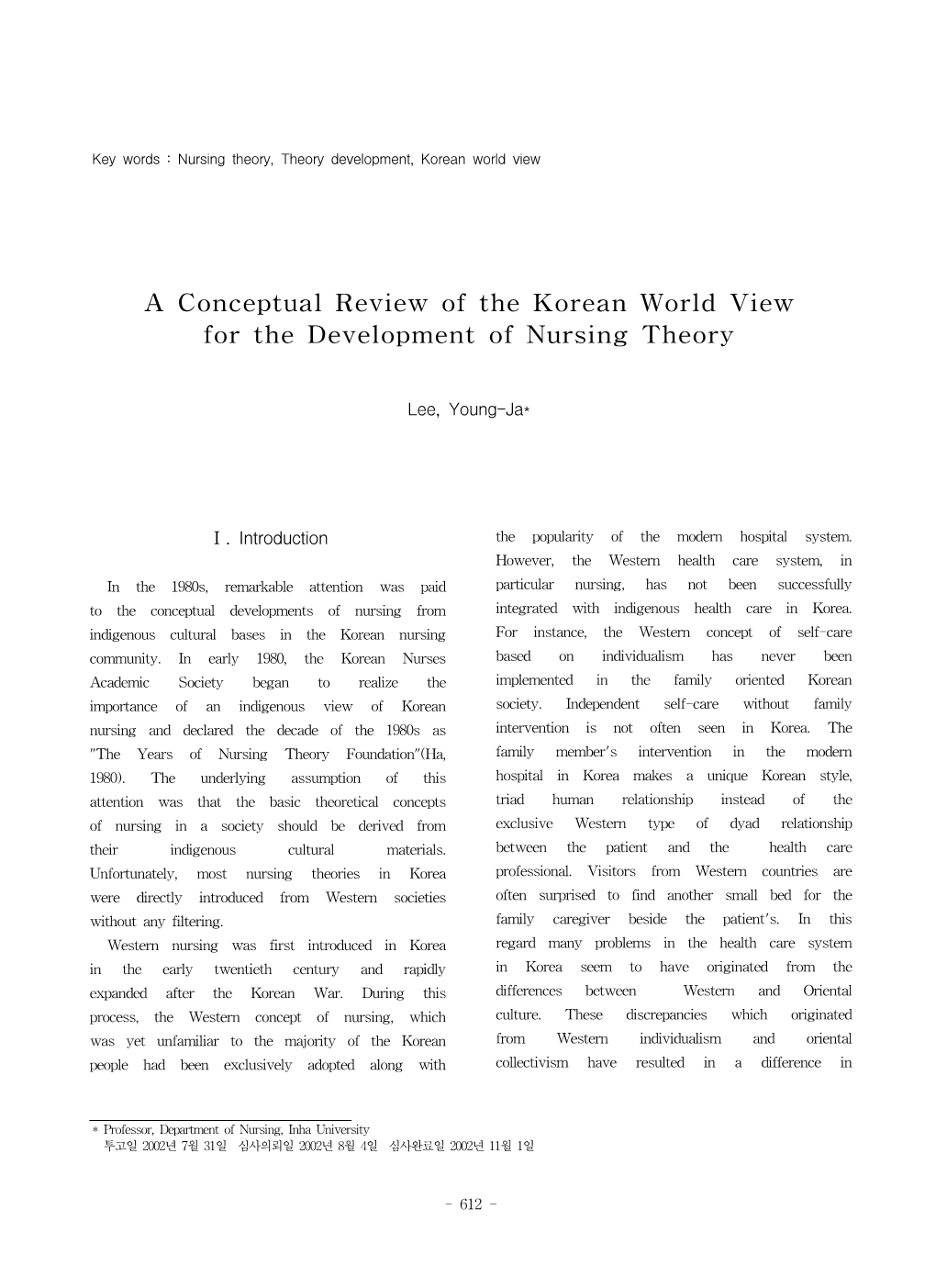 A Conceptual Review of the Korean World View for the Development of Nursing Theory