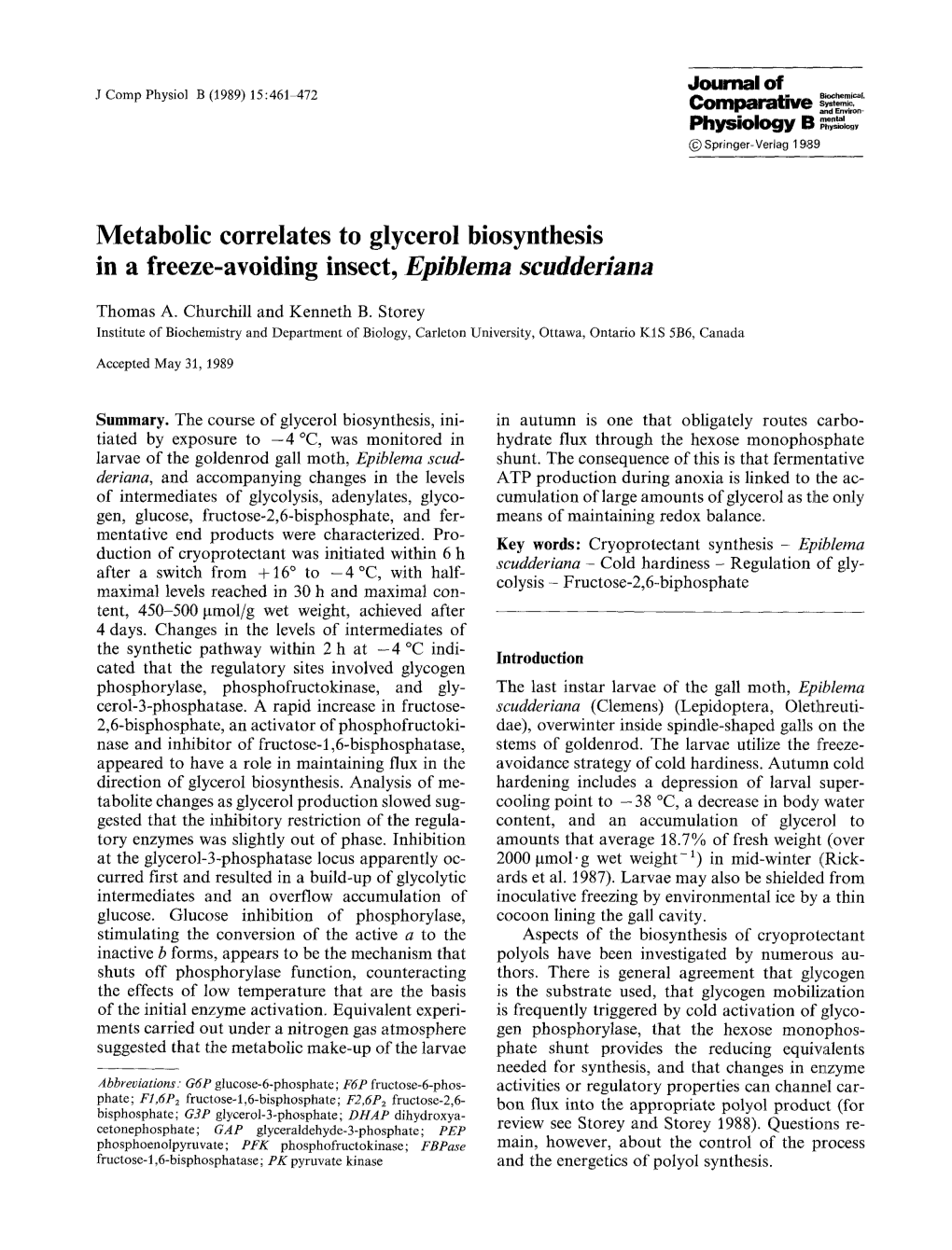 Metabolic Correlates to Glycerol Biosynthesis in a Freeze-Avoiding Insect, Epiblema Scudderiana