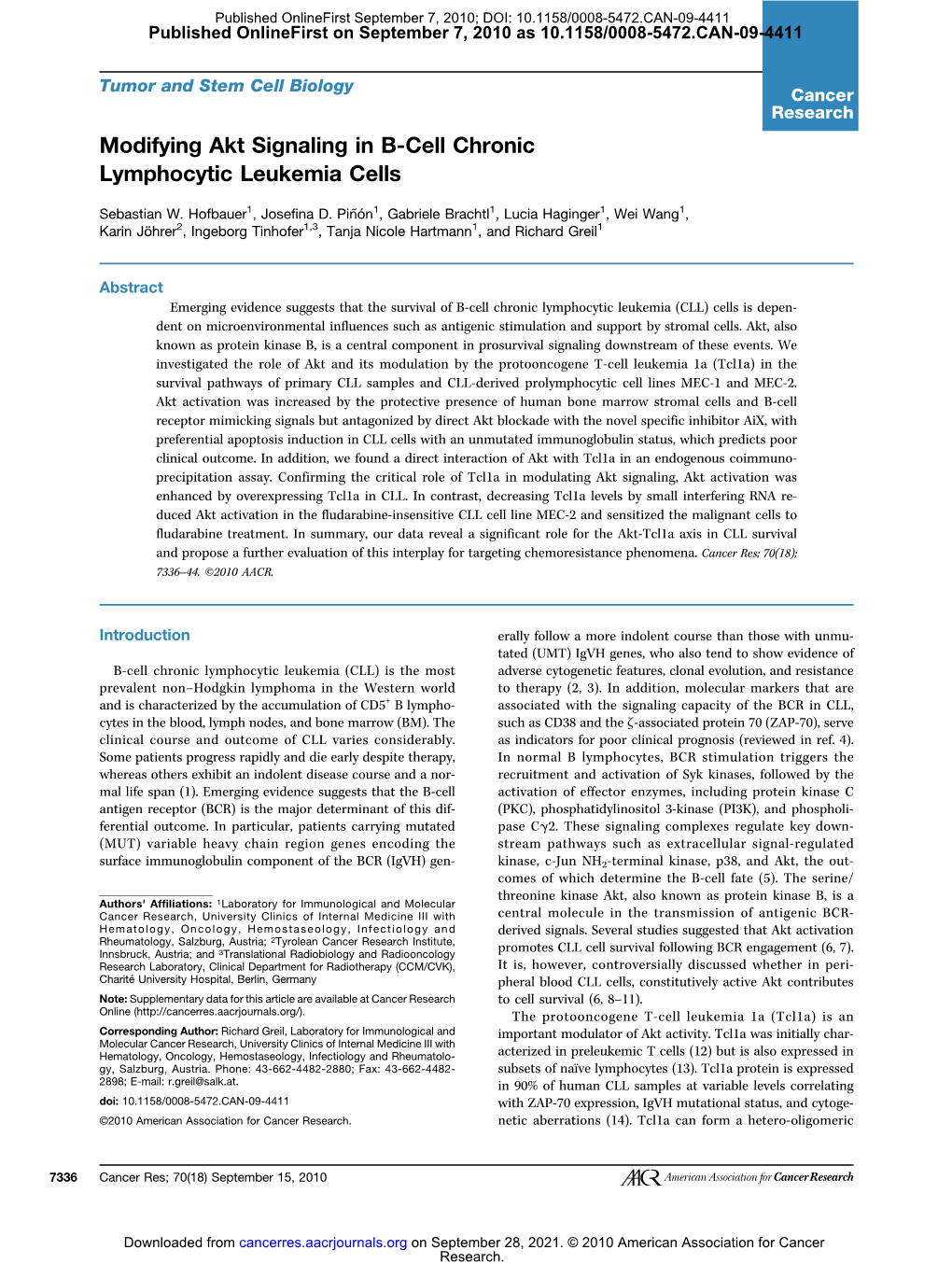 Modifying Akt Signaling in B-Cell Chronic Lymphocytic Leukemia Cells