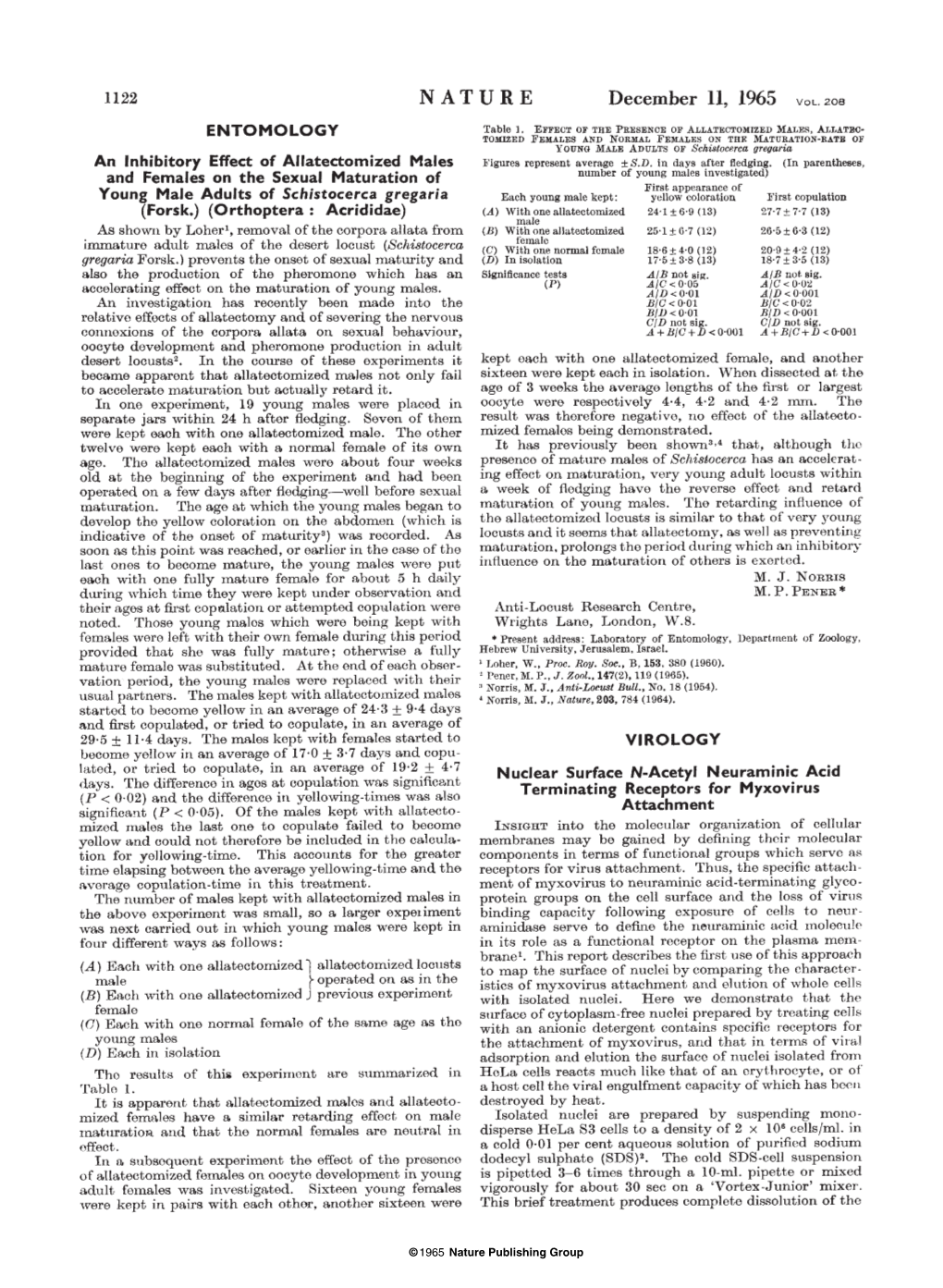 An Inhibitory Effect of Allatectomized Males and Females on the Sexual Maturation of Young Male Adults of Schitstocerca Gregaria (Forsk.)(Orthoptera: Acrididae)