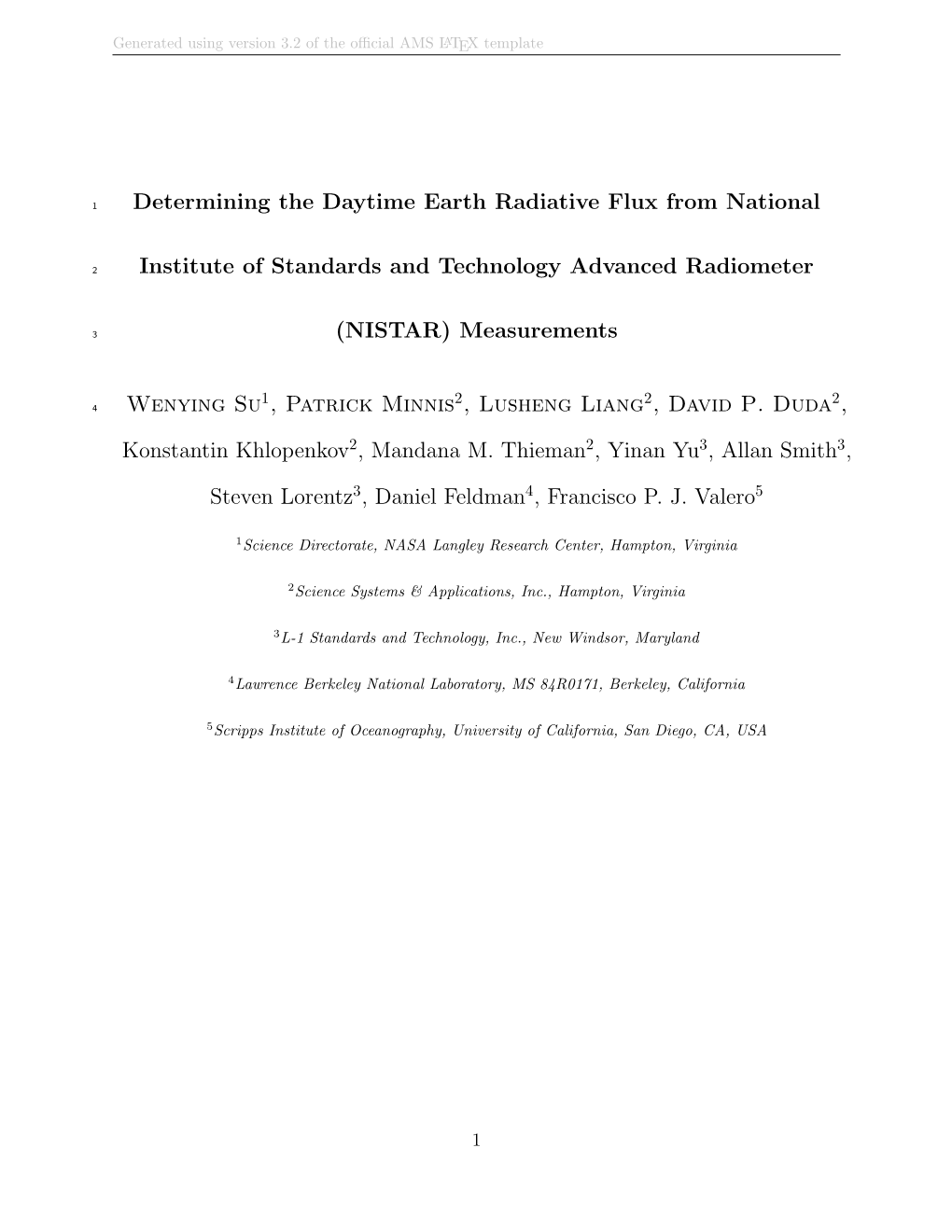 Determining the Daytime Earth Radiative Flux from National Institute of Standards and Technology Advanced Radiometer (NISTAR) Measurements” by Wenying Su Et Al