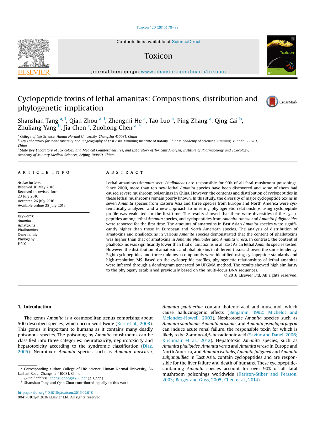 Cyclopeptide Toxins of Lethal Amanitas: Compositions, Distribution and Phylogenetic Implication