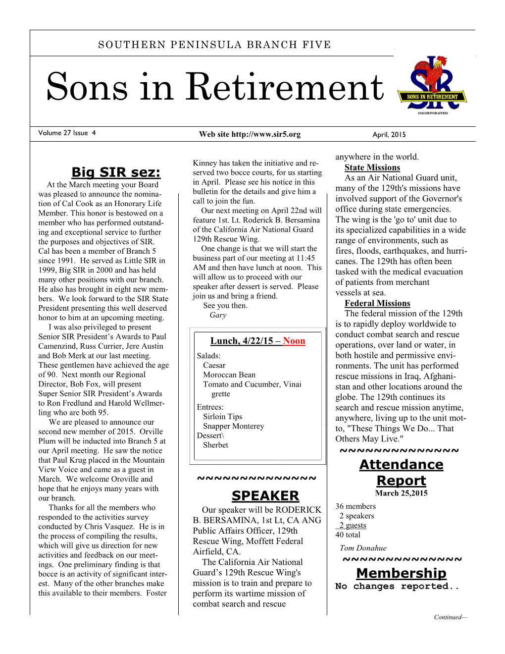 Sons in Retirement Volume 27 Issue 4 Web Site April, 2015