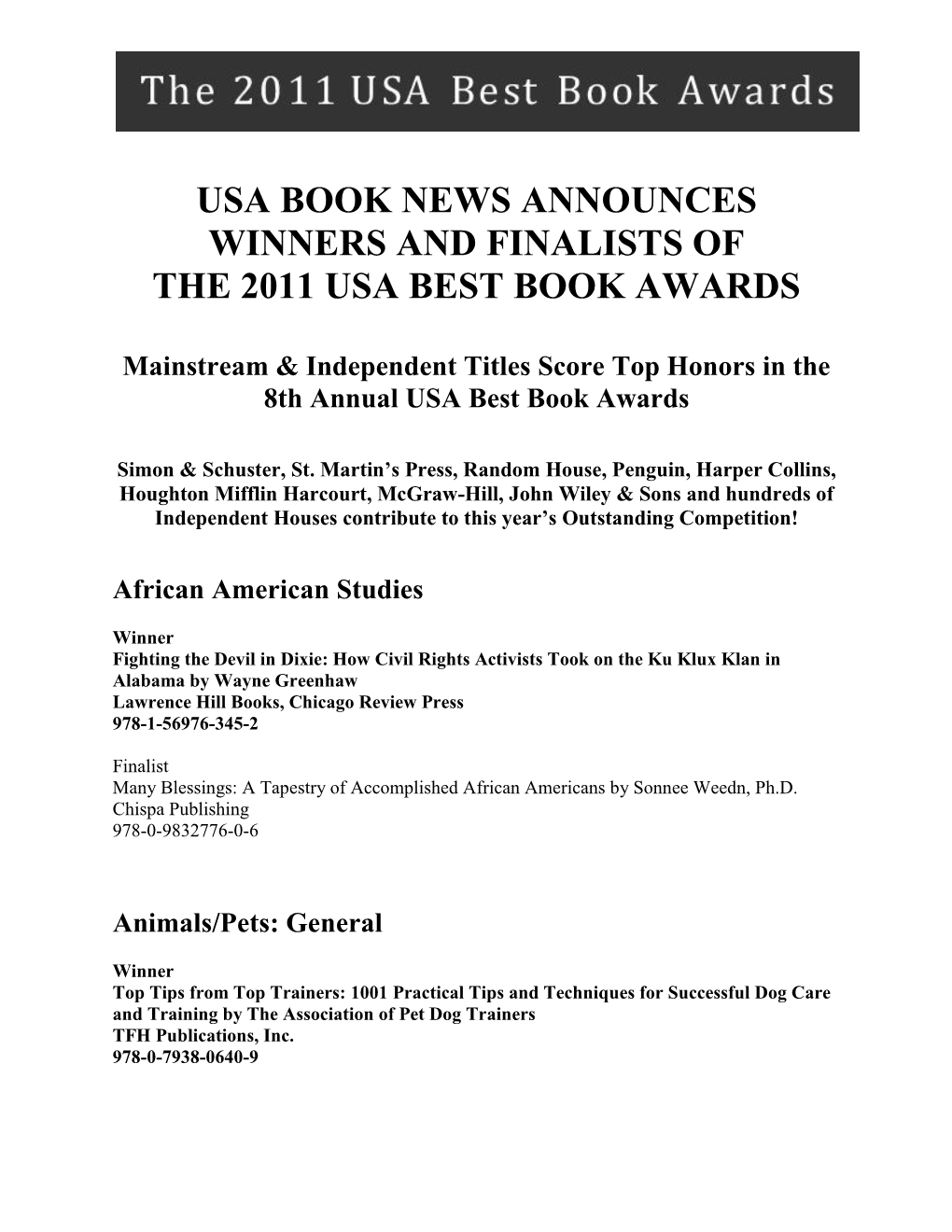 Usa Book News Announces Winners and Finalists of the 2011 Usa Best Book Awards