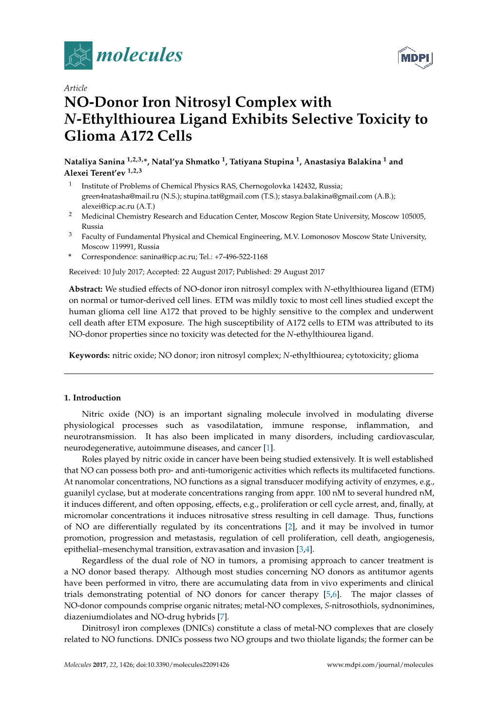 NO-Donor Iron Nitrosyl Complex with N-Ethylthiourea Ligand Exhibits Selective Toxicity to Glioma A172 Cells