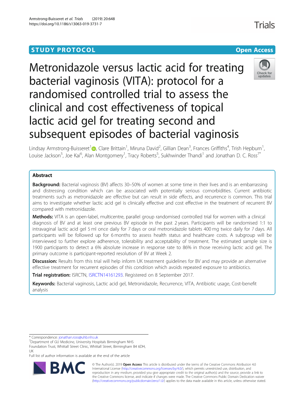 Metronidazole Versus Lactic Acid for Treating Bacterial Vaginosis (VITA)