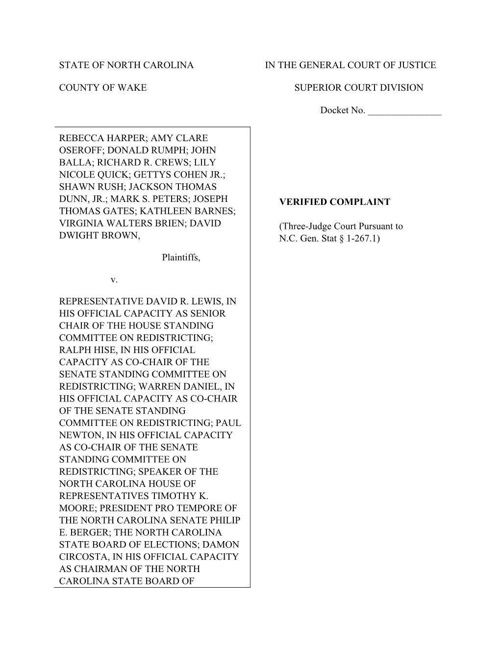 COMPLAINT THOMAS GATES; KATHLEEN BARNES; VIRGINIA WALTERS BRIEN; DAVID (Three-Judge Court Pursuant to DWIGHT BROWN, N.C