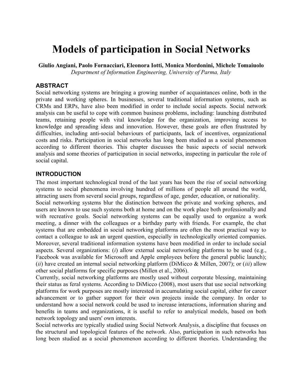 Models of Participation in Social Networks