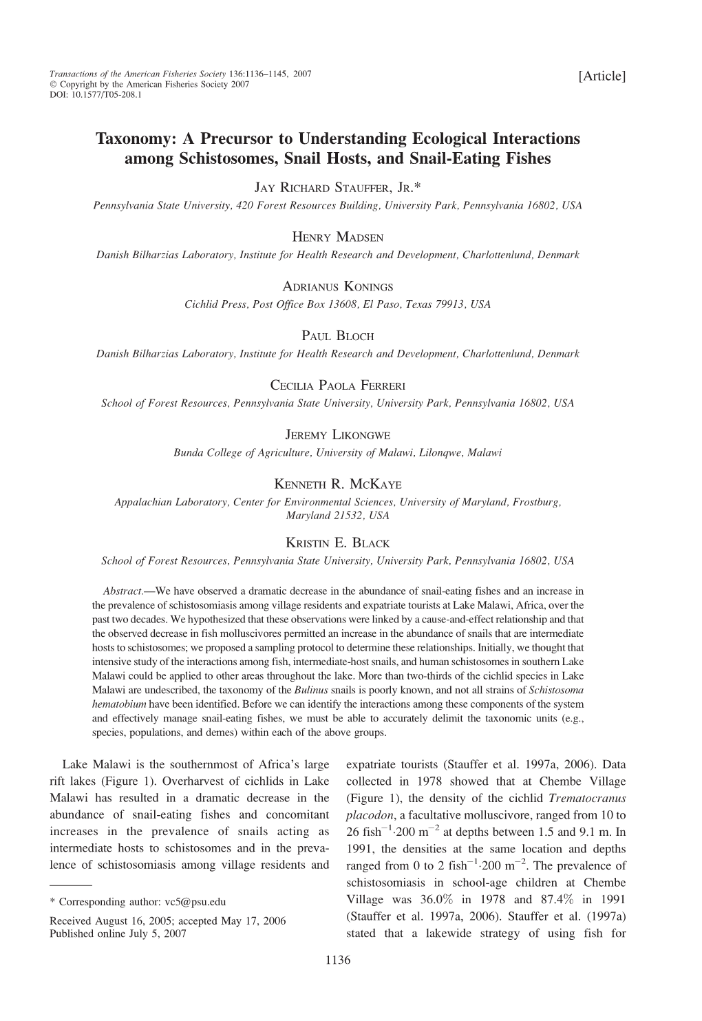 (2007) Taxonomy: a Precursor to Understanding Ecological Interactions Among Schistosomes, Snail Hosts, and Snail-Eating Fishes