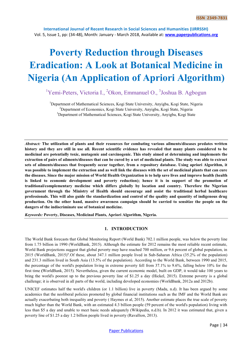 Poverty Reduction Through Diseases Eradication: a Look at Botanical Medicine in Nigeria (An Application of Apriori Algorithm)