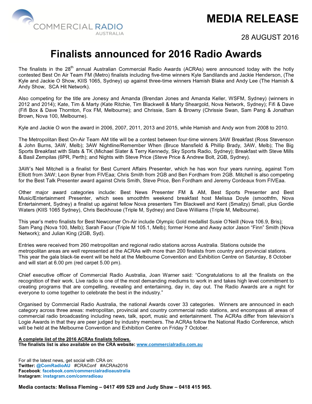 Commercial Radio Australia, Joan Warner Said: “Congratulations to All the Finalists on the Recognition of Their Work