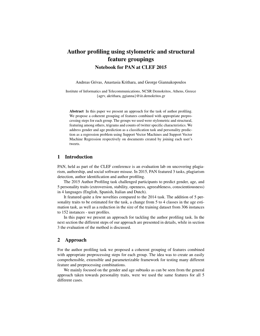 Author Profiling Using Stylometric and Structural Feature Groupings