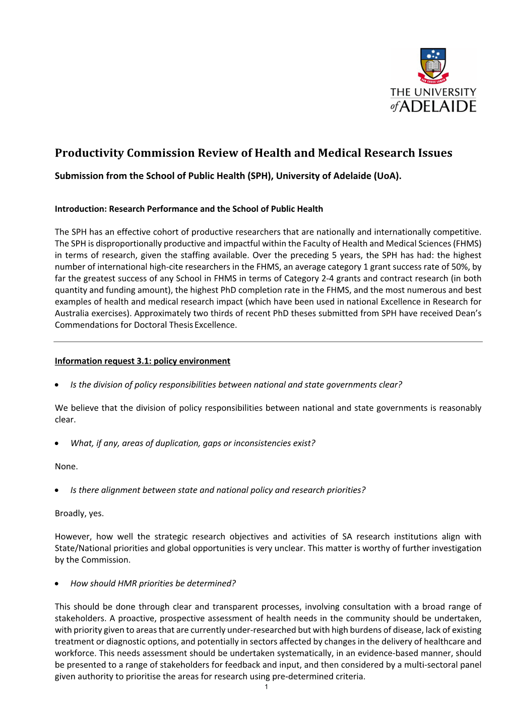 Productivity Commission Review of Health and Medical Research Issues