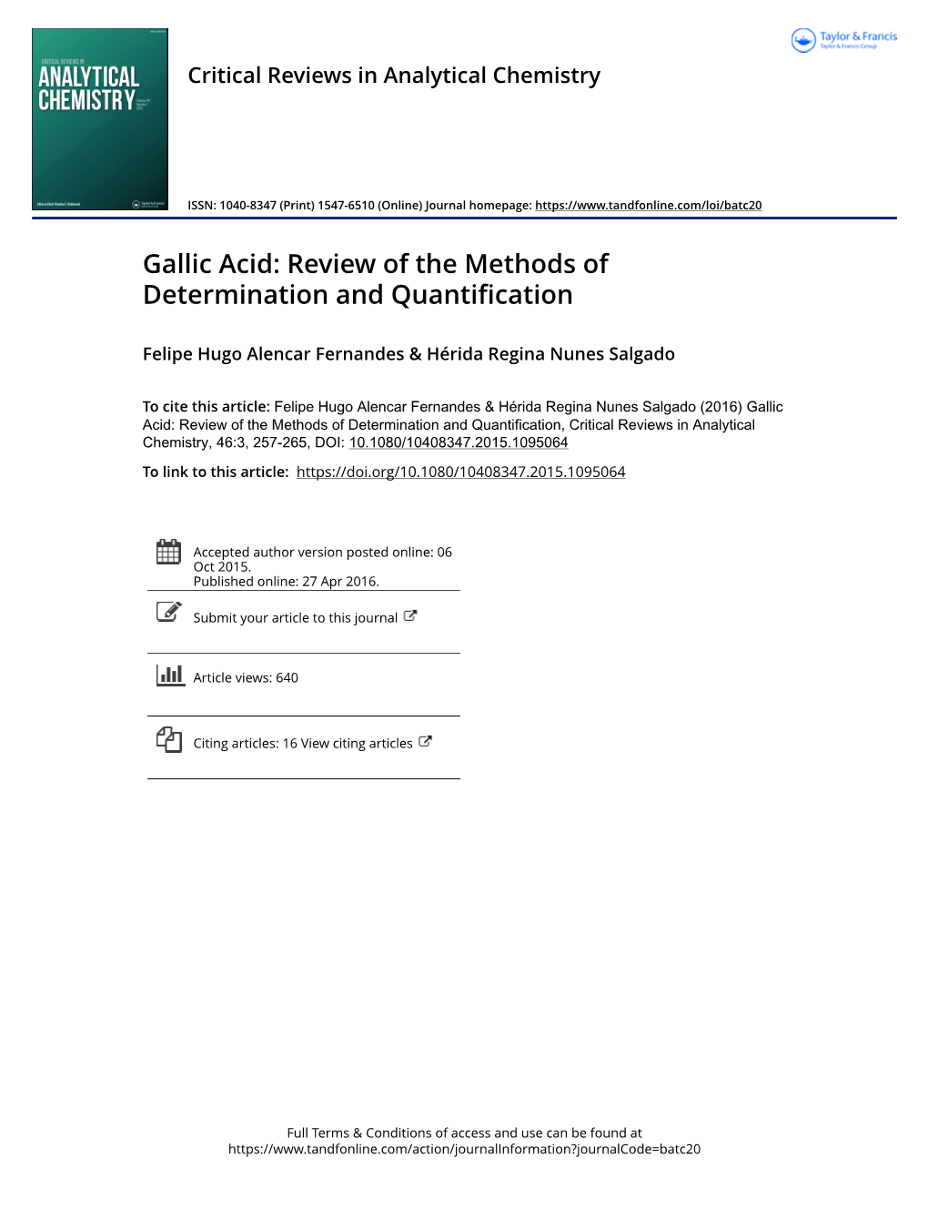 Gallic Acid: Review of the Methods of Determination and Quantification