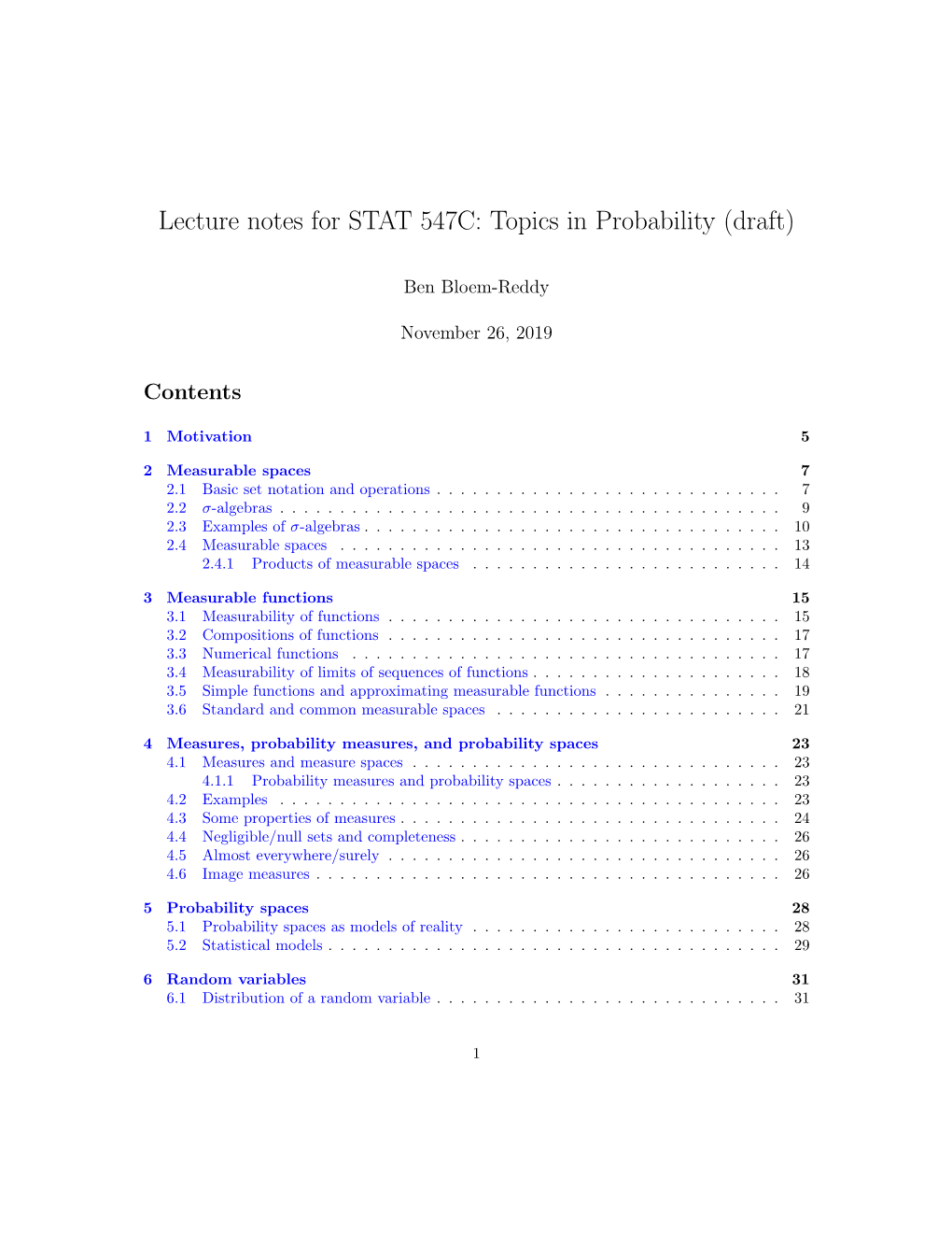 Lecture Notes for STAT 547C: Topics in Probability (Draft)